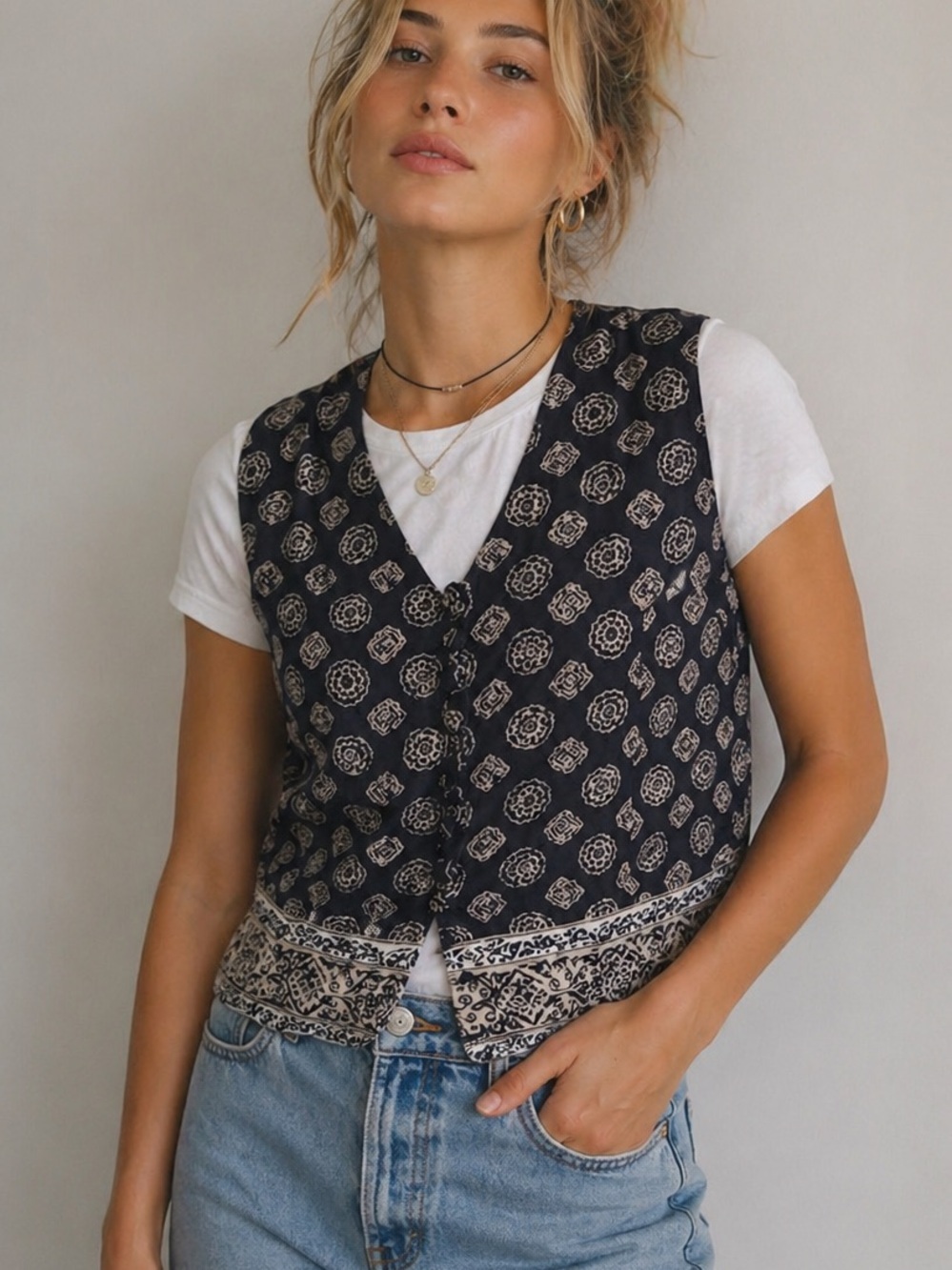 Vintage Paul Harris Design Navy Boho Button Front Vest Small